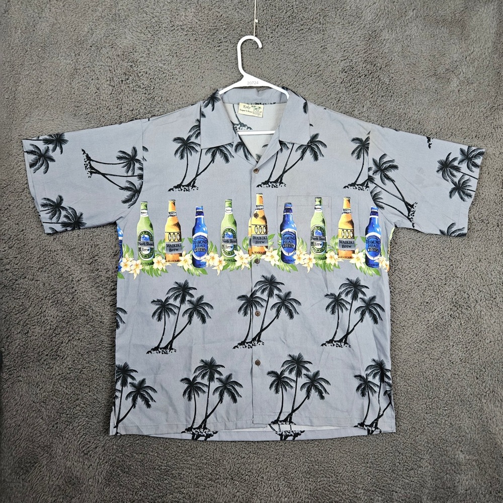 Koko Hawaii Mens Gray Palm‎ Tree Beer Bottle Print Hawaiian Button Down Shirt XL